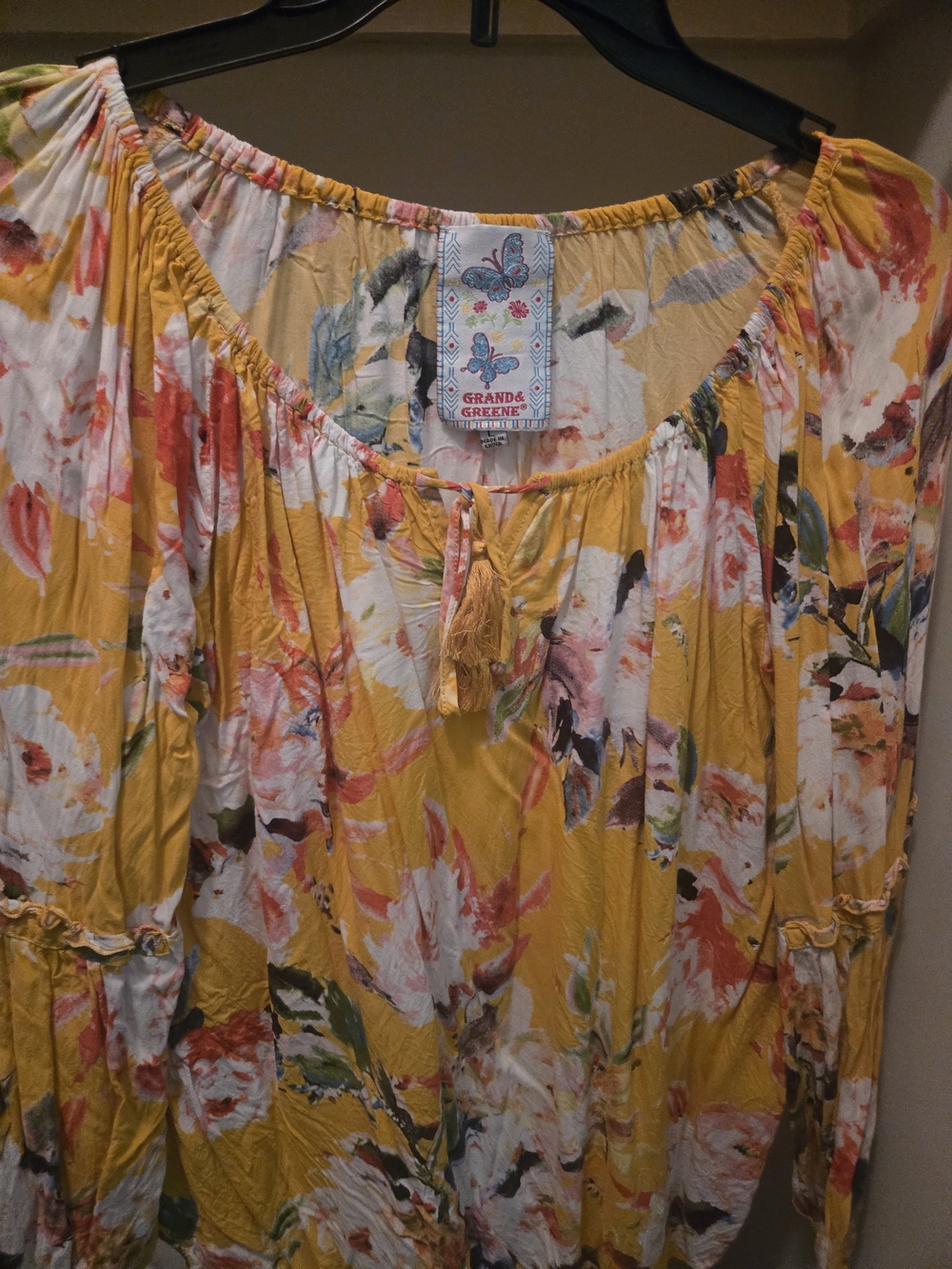 grand & greene Yellow Floral Peasant Tunic with Tassel Tie